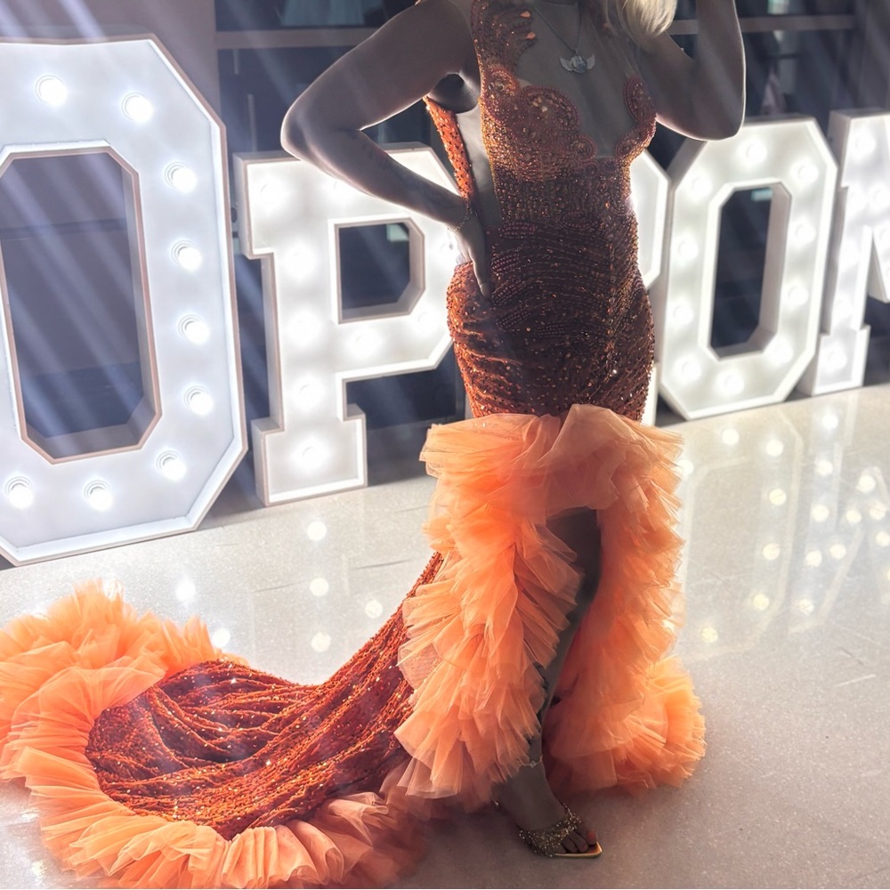Stunning Orange Sequin Prom Dress - Picture 2 of 3